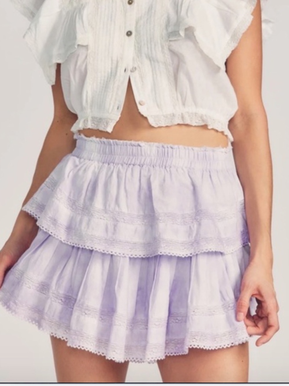 Love Shack Fancy Cotton Violet Splash Hand Dye Two Tier Skirt Size XS $245